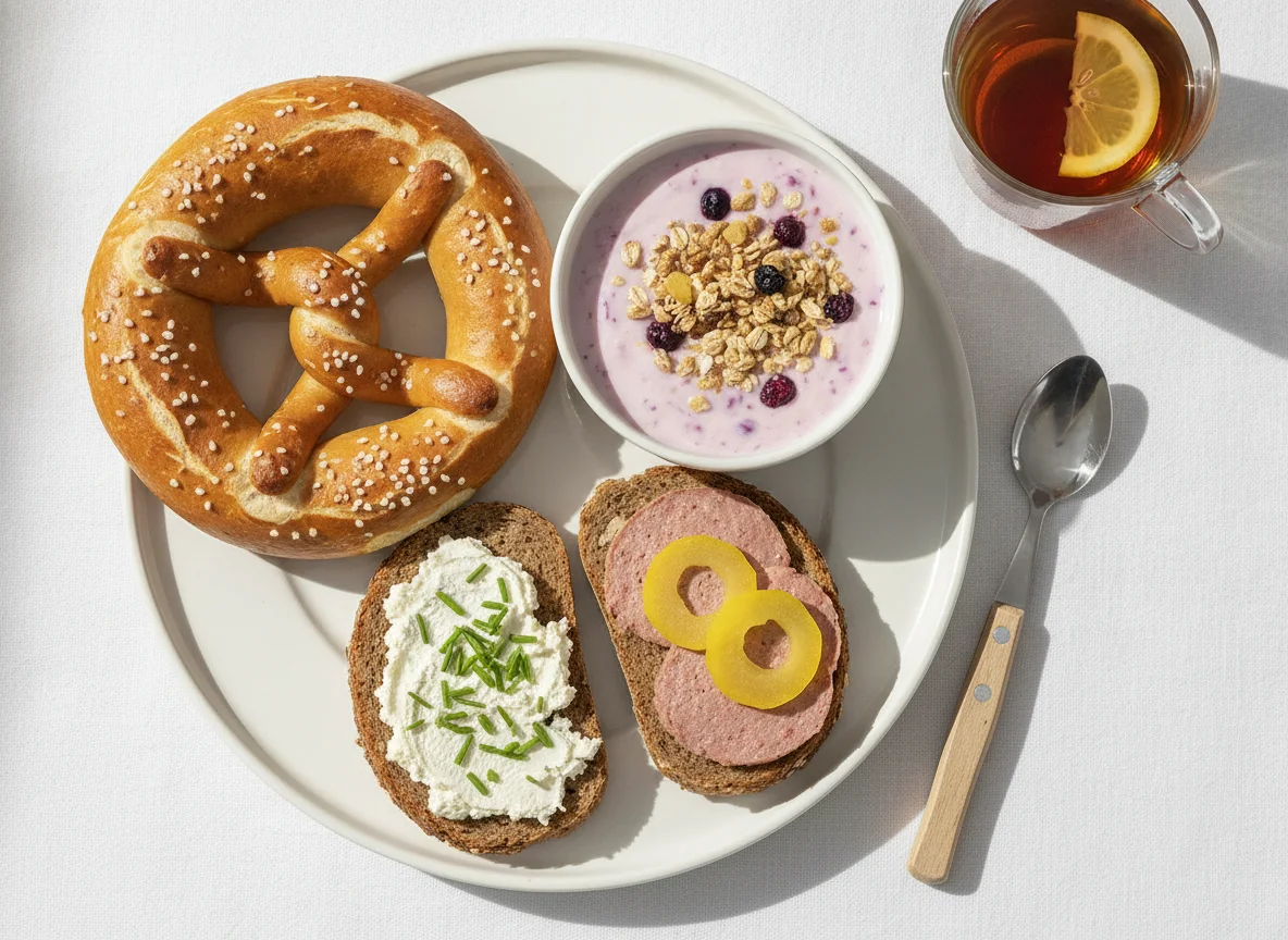 Frühstück mit Laugenbrezel, Vollkornbrot und Joghurt photo