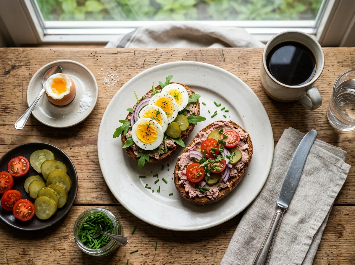 Frühstück mit Leberwurstbrötchen und Beilagen photo