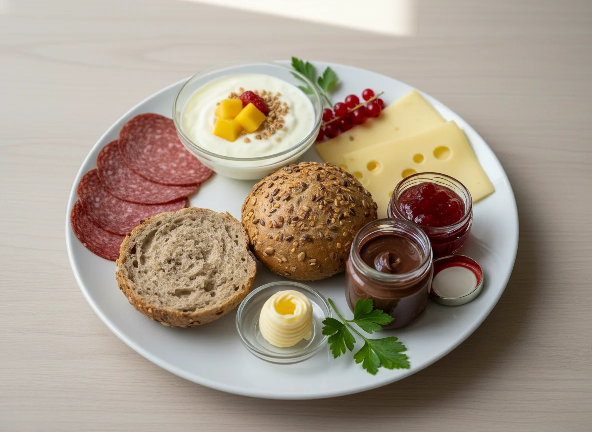 Frühstück mit Mehrkornbrötchen, Butter, Salami, Schnittkäse und Joghurt photo