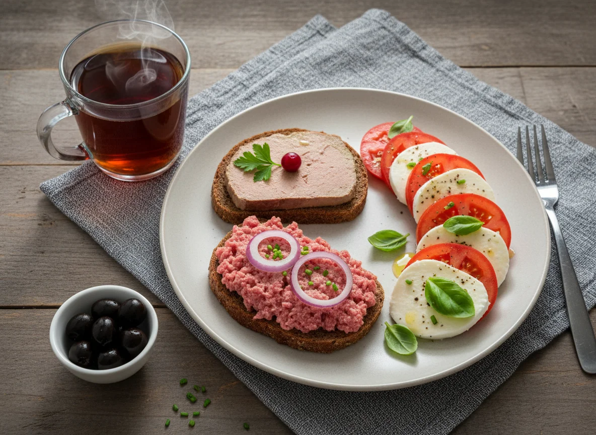 Frühstück mit Mettbrot, Entenleberpastete und Tomate-Mozzarella-Salat photo