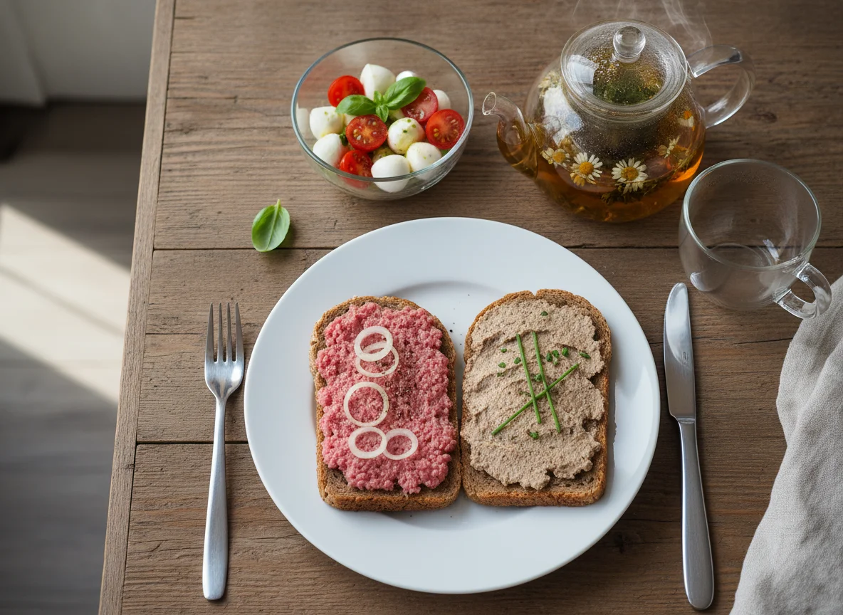 Frühstück mit Mettbrot, Leberwurstbrot, Tomate-Mozzarella-Salat und Kräutertee photo