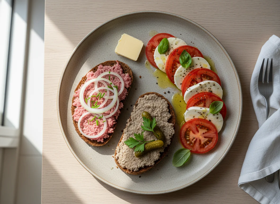 Frühstück mit Mettbrot, Leberwurstbrot und Tomate-Mozzarella-Salat photo