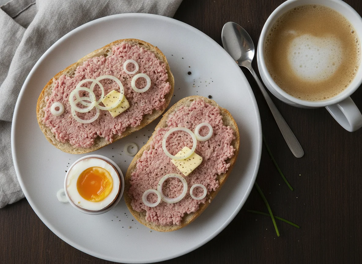 Frühstück mit Mettbrötchen, Ei und Milchkaffee photo