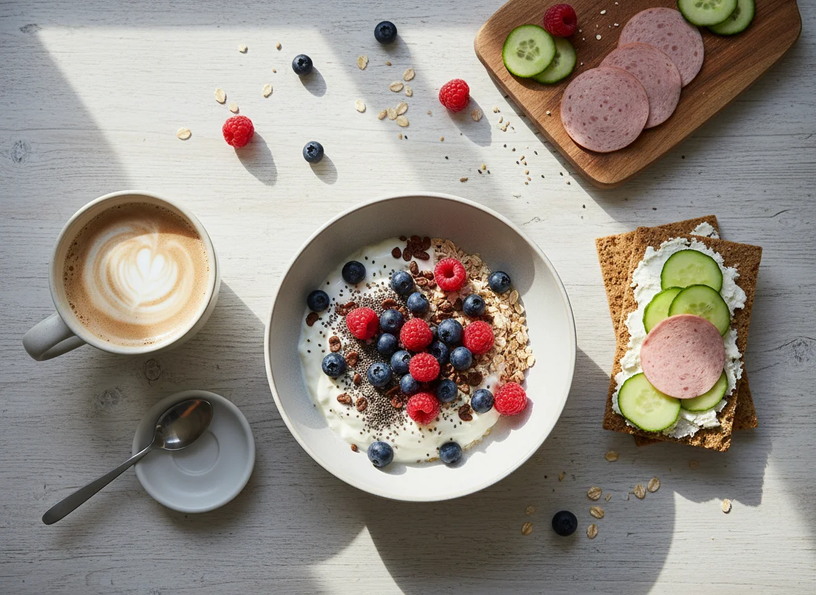 Frühstück mit Müsli, Brot und Kaffee photo