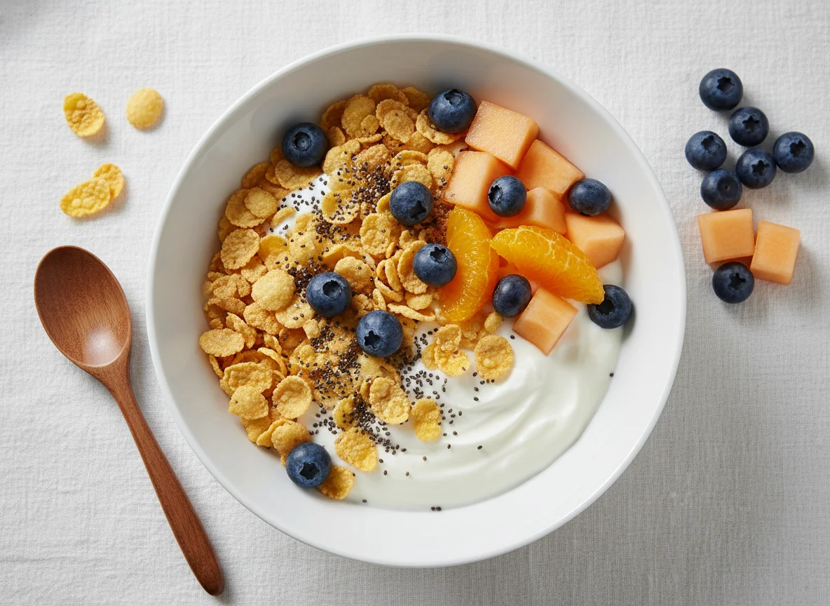 Frühstück mit Müsli, Obst und Joghurt photo