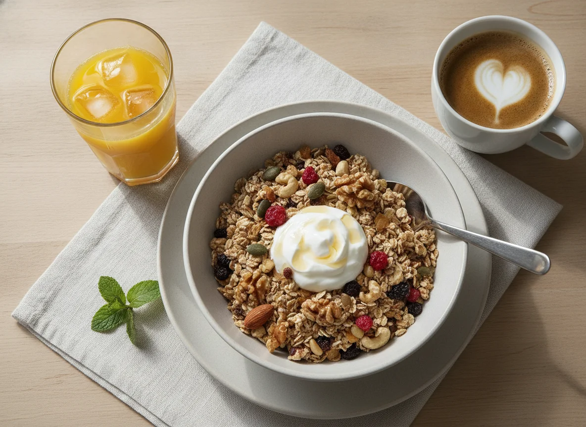 Frühstück mit Müsli, Orangensaft und Kaffee photo