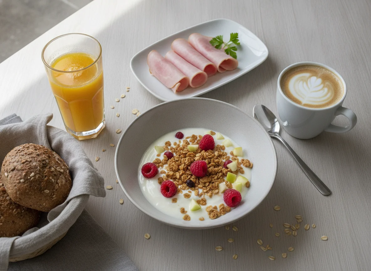 Frühstück mit Müsli, Saft und Kaffee photo