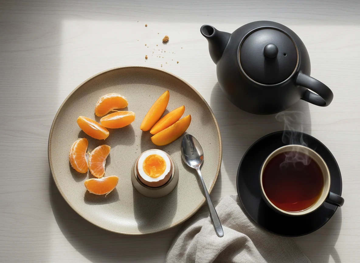 Frühstück mit Obst, Ei und Tee photo