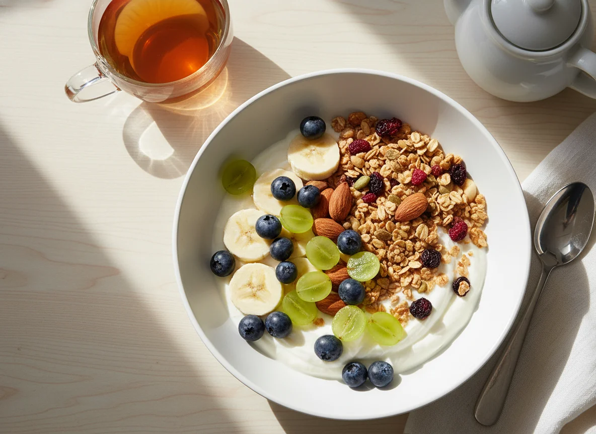Frühstück mit Obst, Joghurt und Müsli photo