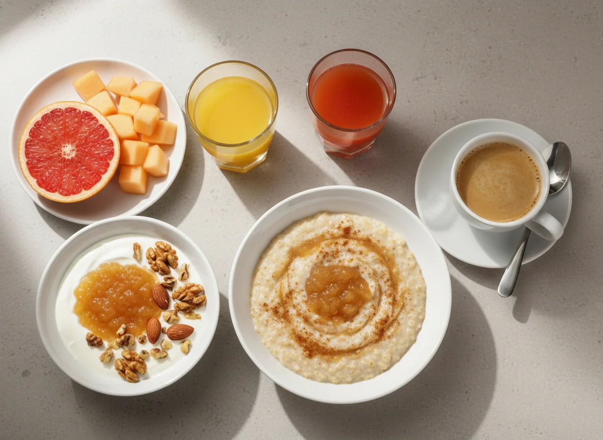Frühstück mit Obst, Porridge und Säften photo
