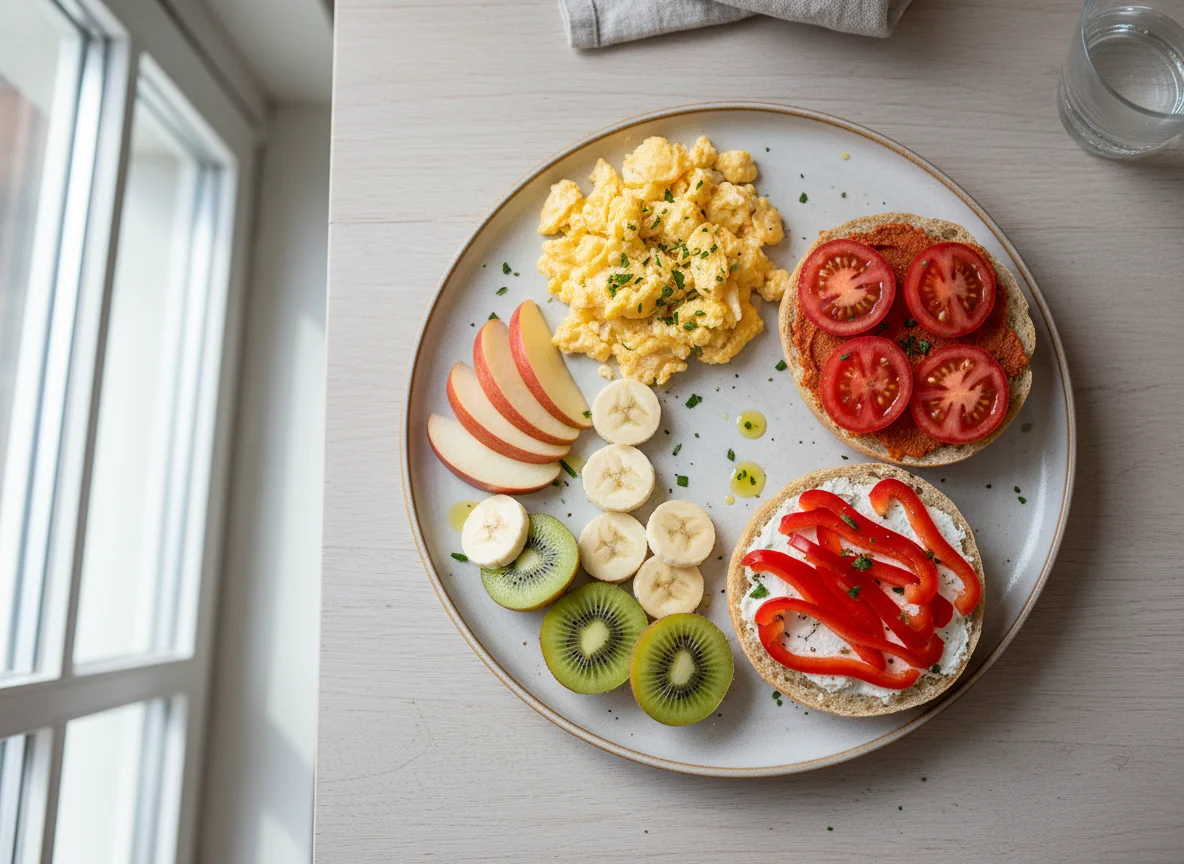 Frühstück mit Obst, Rührei und belegten Brötchen photo