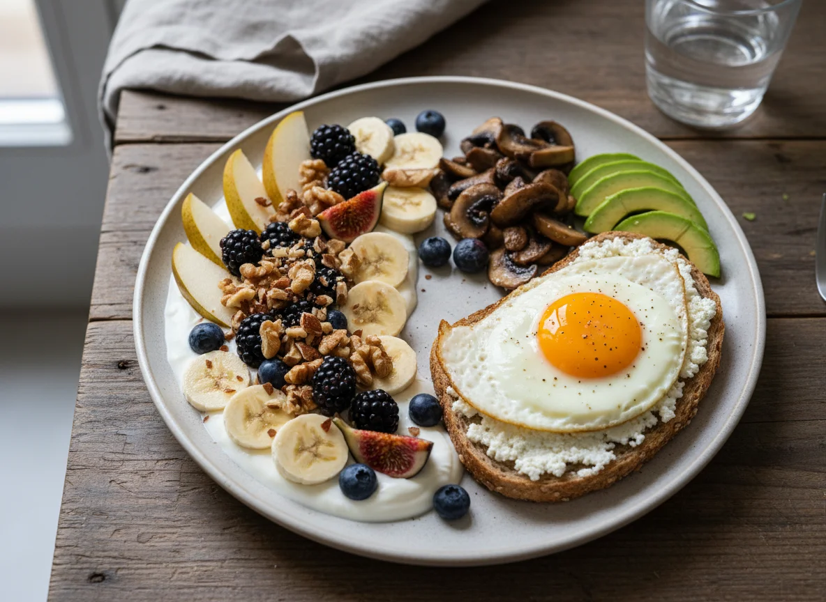 Frühstück mit Obst-Joghurt-Bowl und Spiegelei-Toast photo