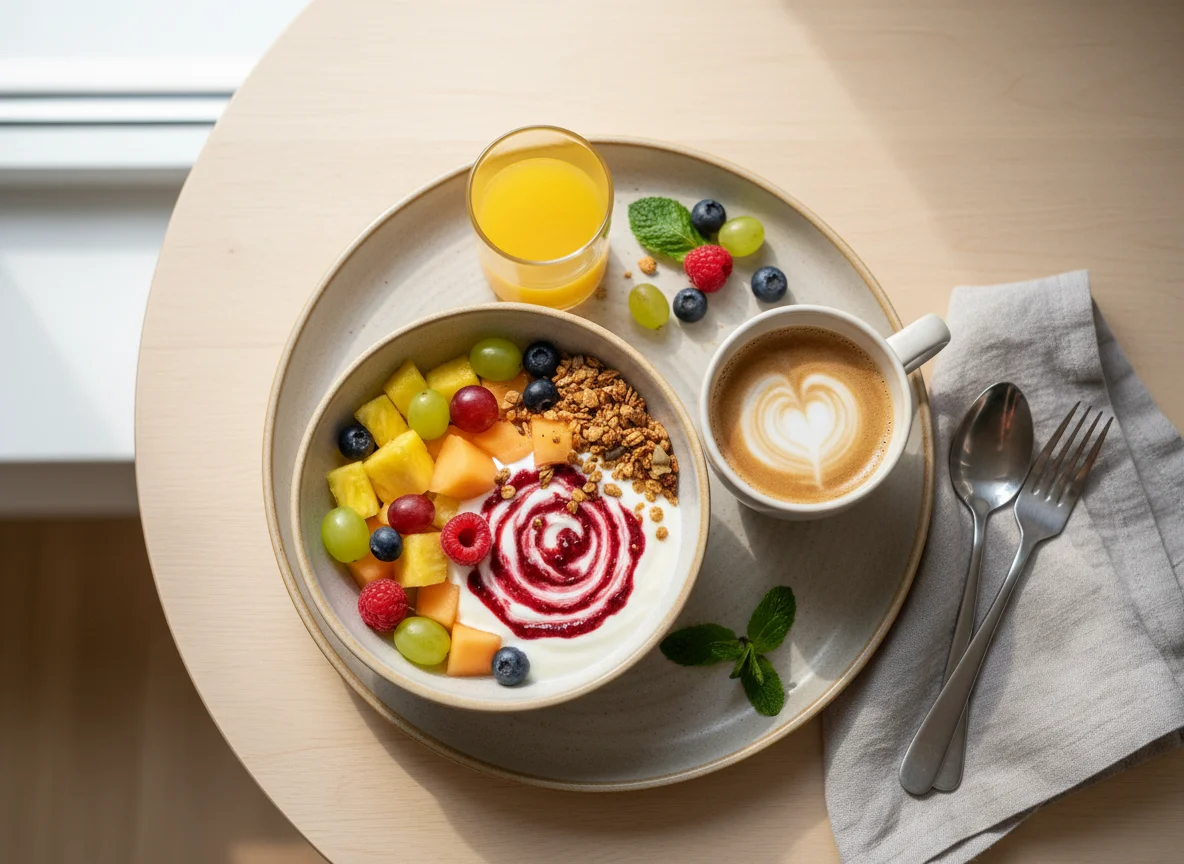 Frühstück mit Obstsalat, Joghurt und Kaffee photo
