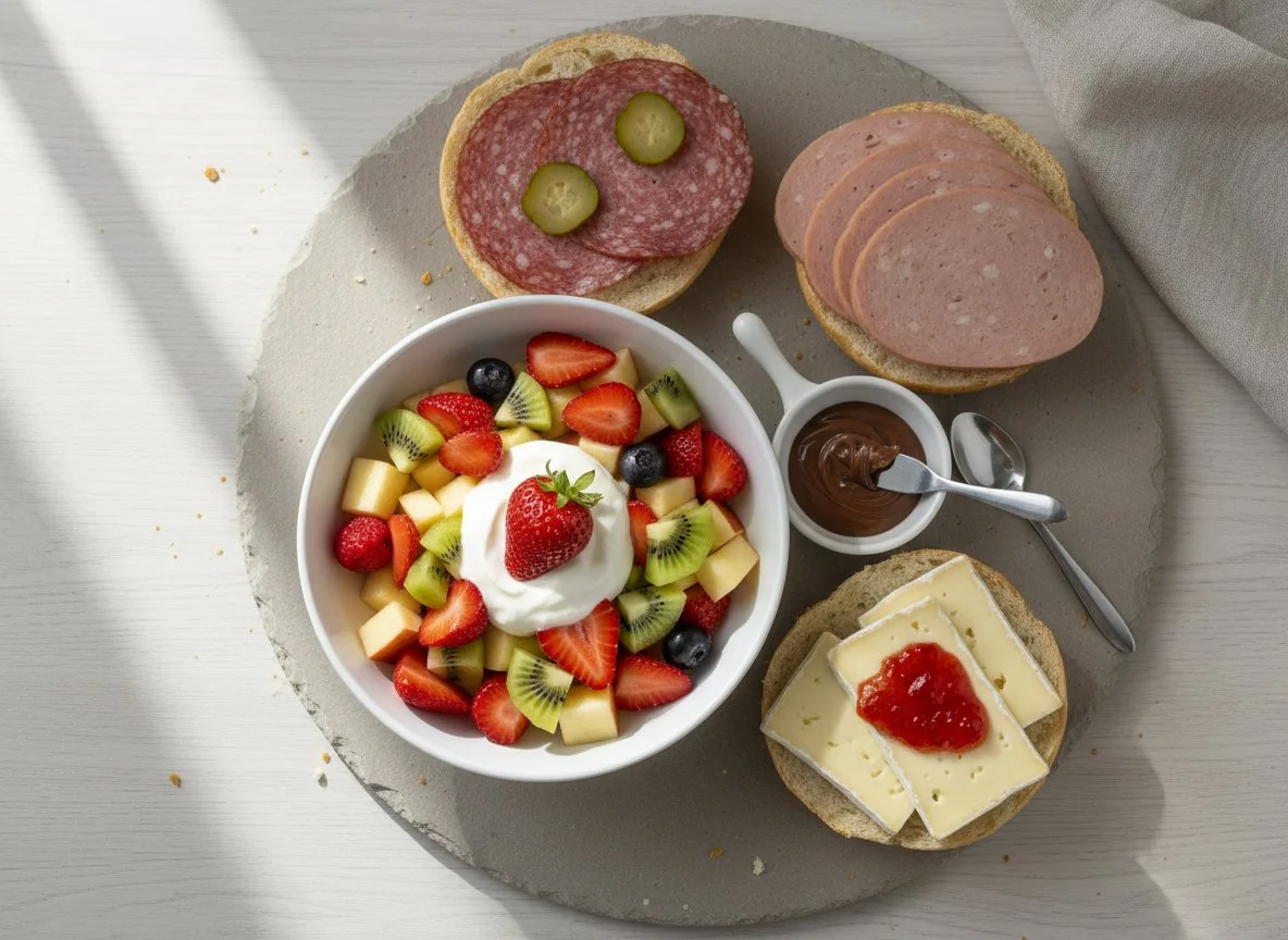 Frühstück mit Obstsalat und belegten Brötchen photo