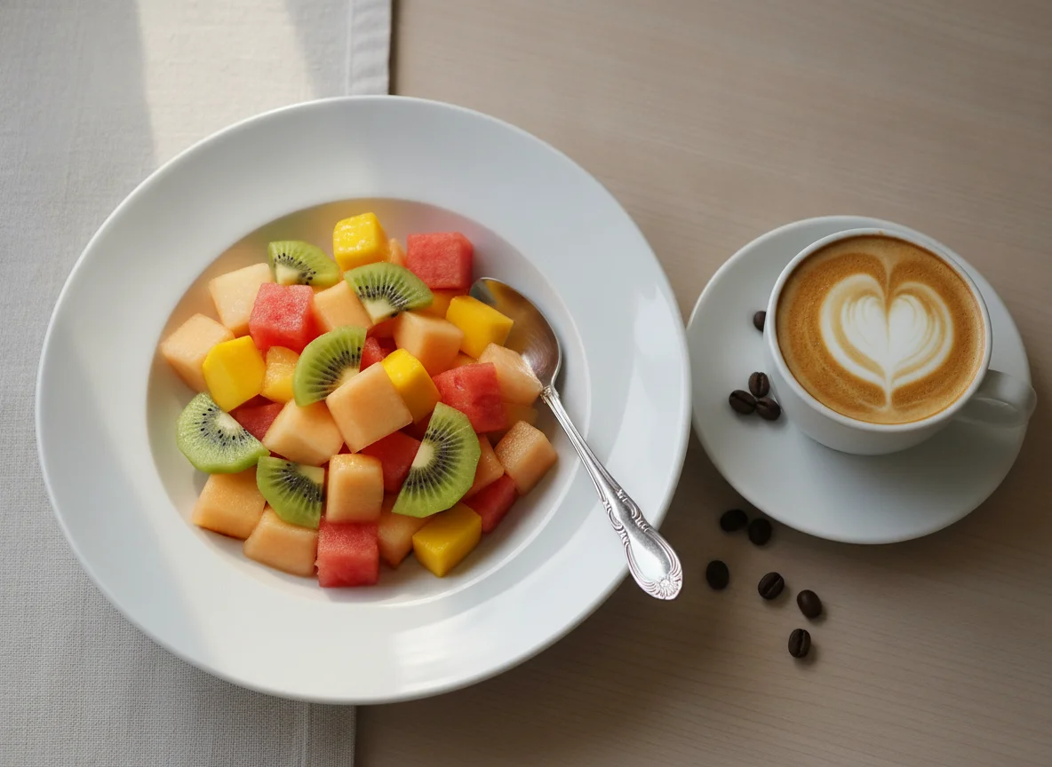 Frühstück mit Obstsalat und Cappuccino photo