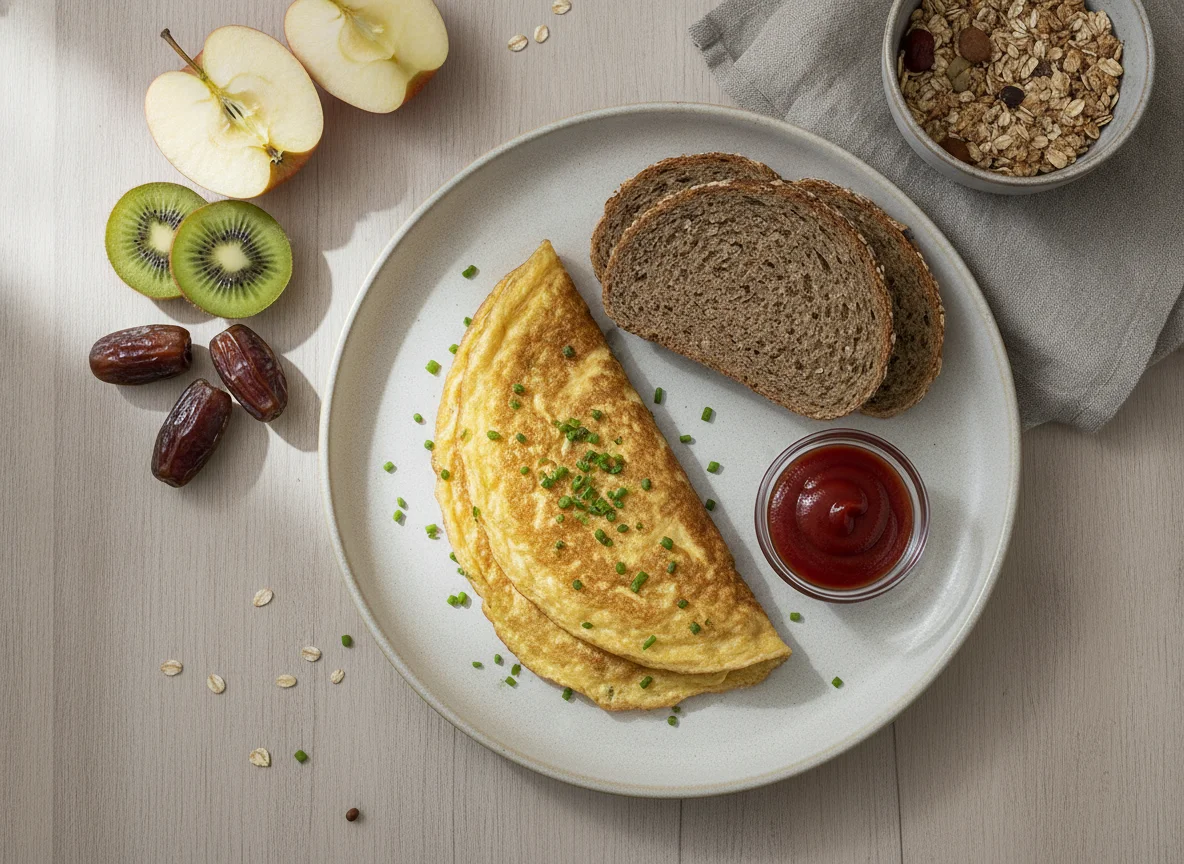 Frühstück mit Omelett, Brot und Obst photo
