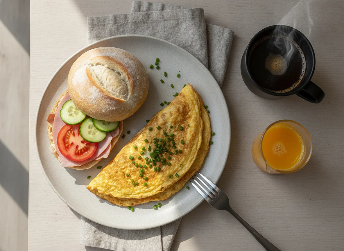 Frühstück mit Omelett, Brötchen und Orangensaft photo