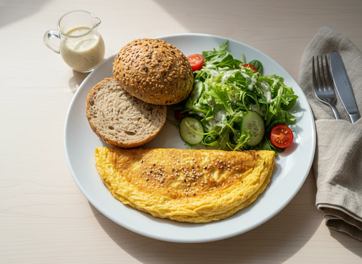 Frühstück mit Omelett, Brötchen und Salat photo