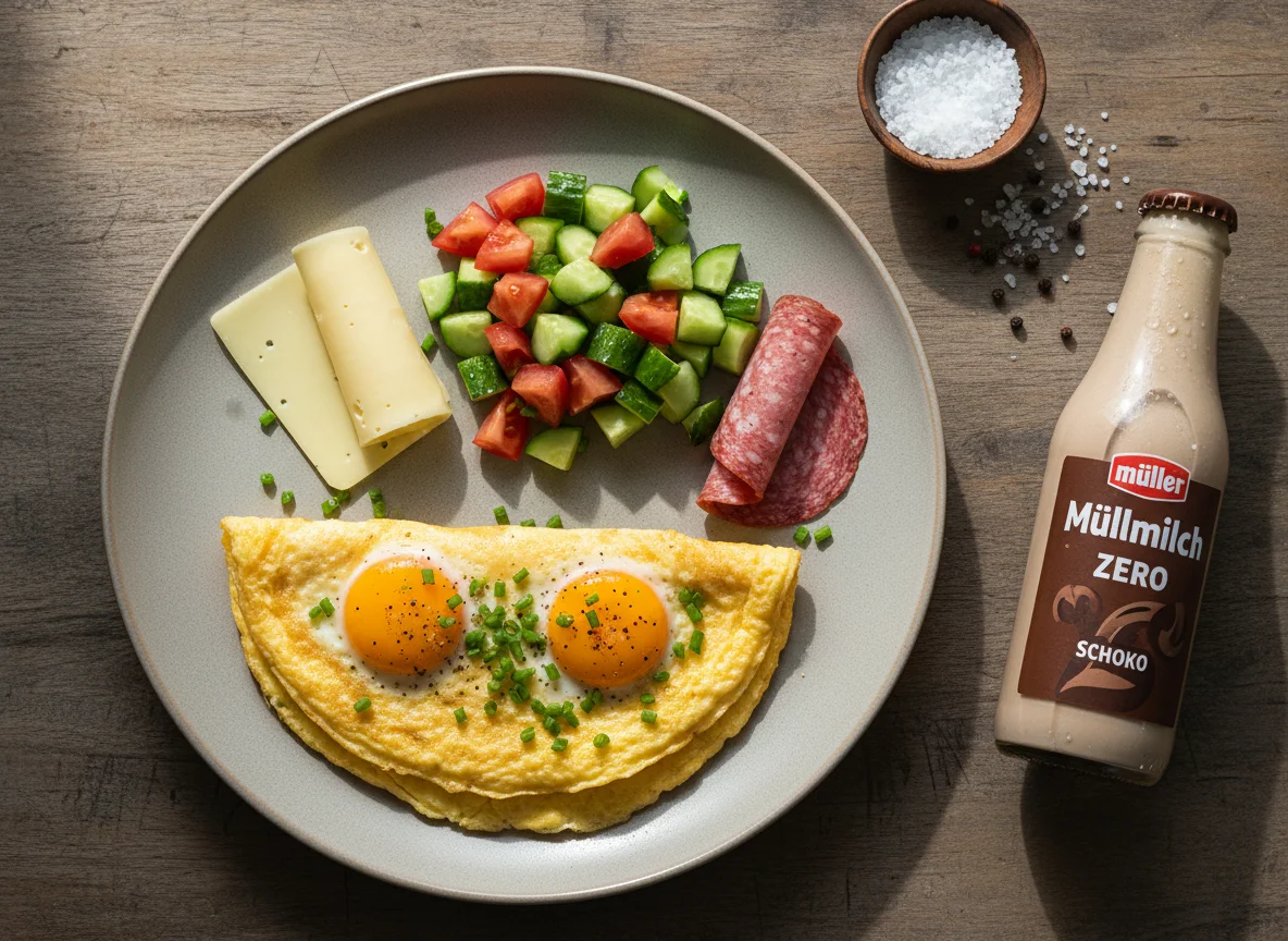Frühstück mit Omelett, Salat und Aufschnitt photo