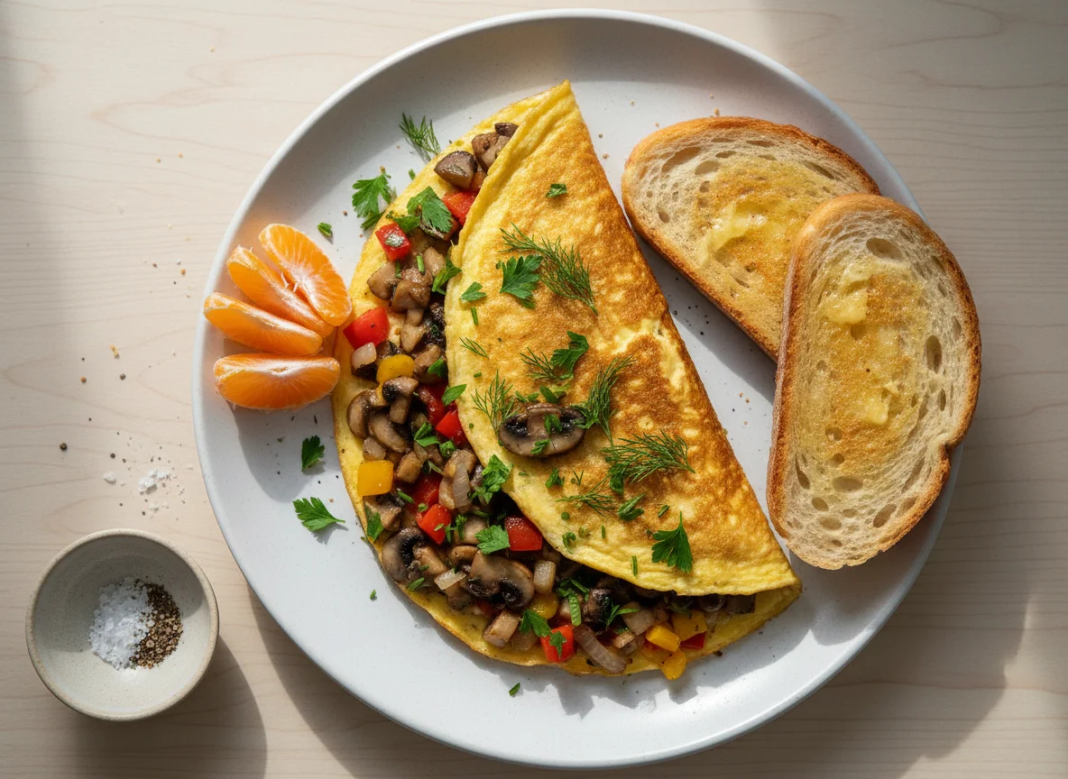 Frühstück mit Omelett, Toast und Mandarine photo