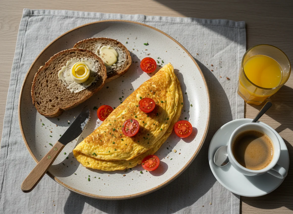 Frühstück mit Omelett und Brot photo