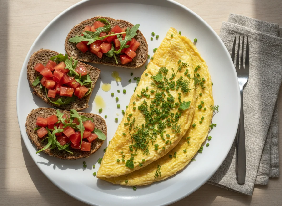 Frühstück mit Omelett und Bruschetta photo