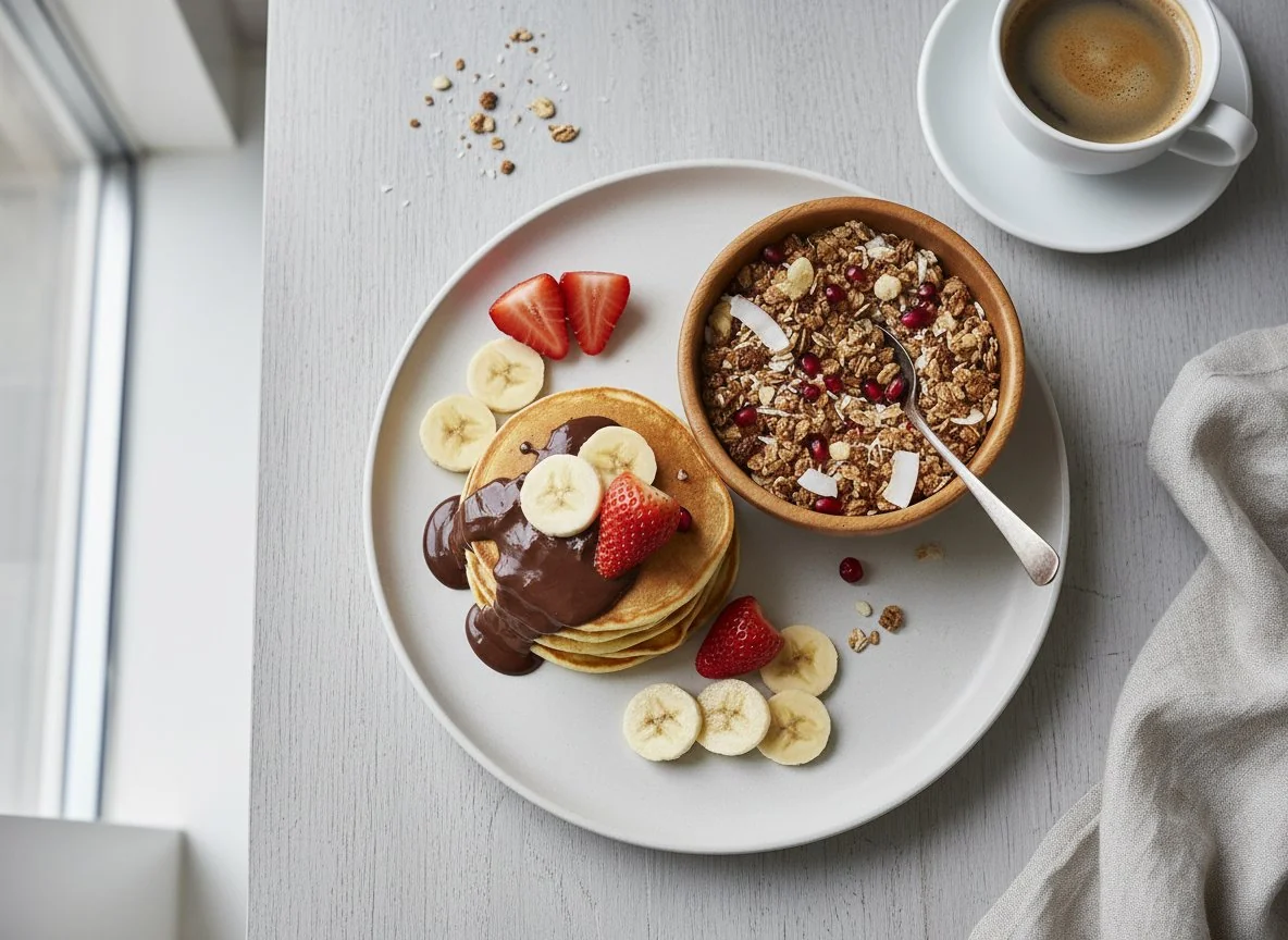 Frühstück mit Pancakes und Müsli photo