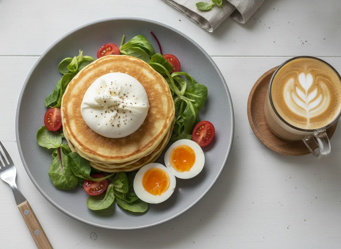 Frühstück mit Pfannkuchen, Salat und Kaffee photo
