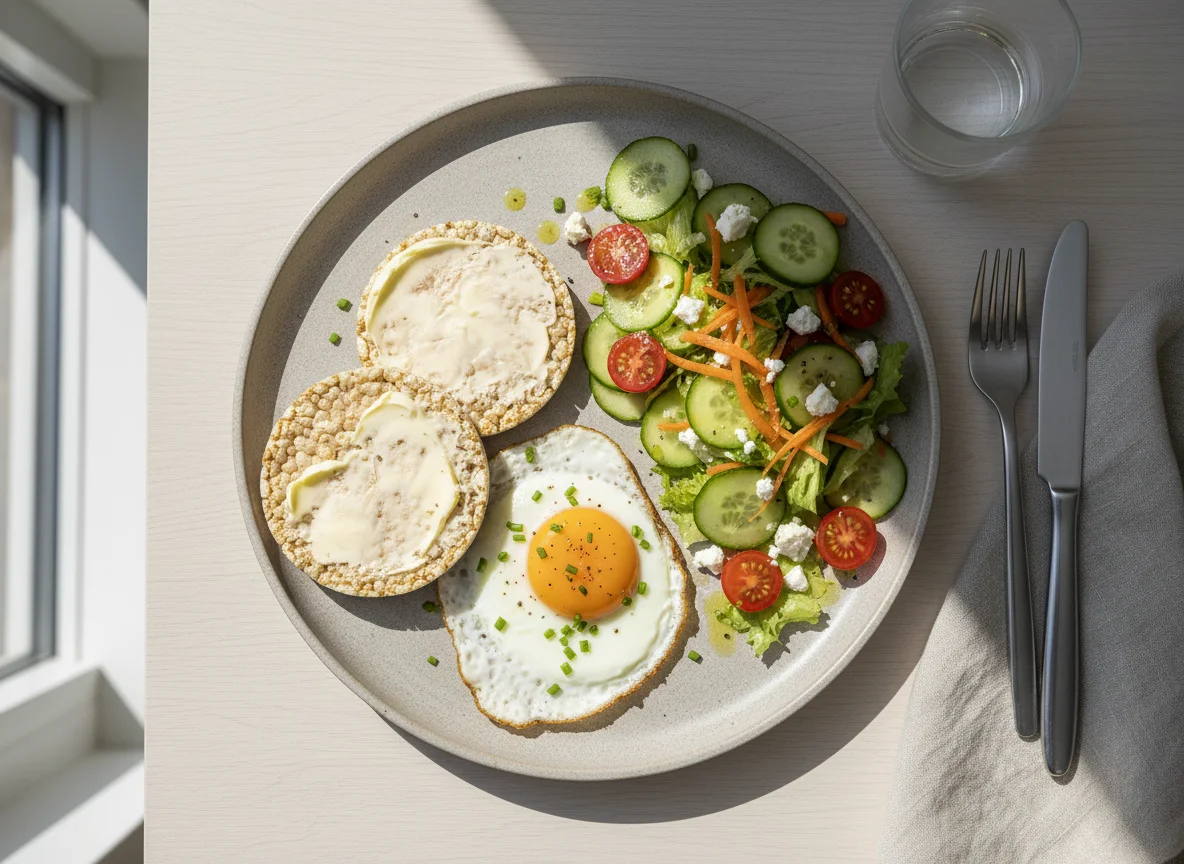 Frühstück mit Reiswaffeln, Spiegelei und Salat photo