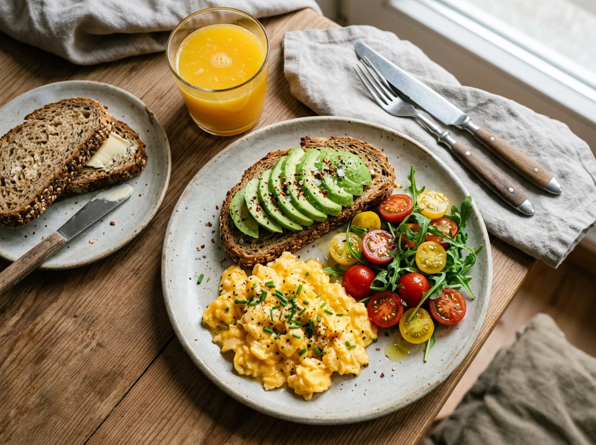 Frühstück mit Rührei, Avocado und Brot photo