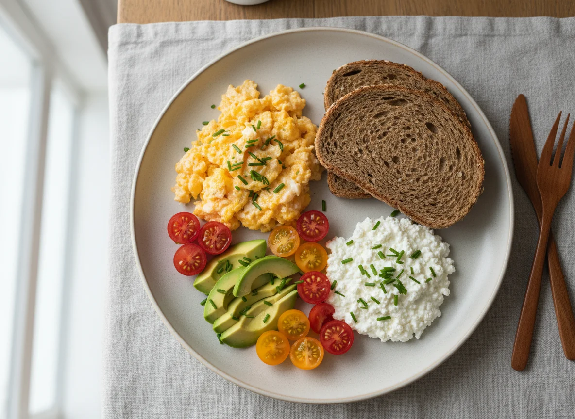 Frühstück mit Rührei, Brot und Gemüse photo