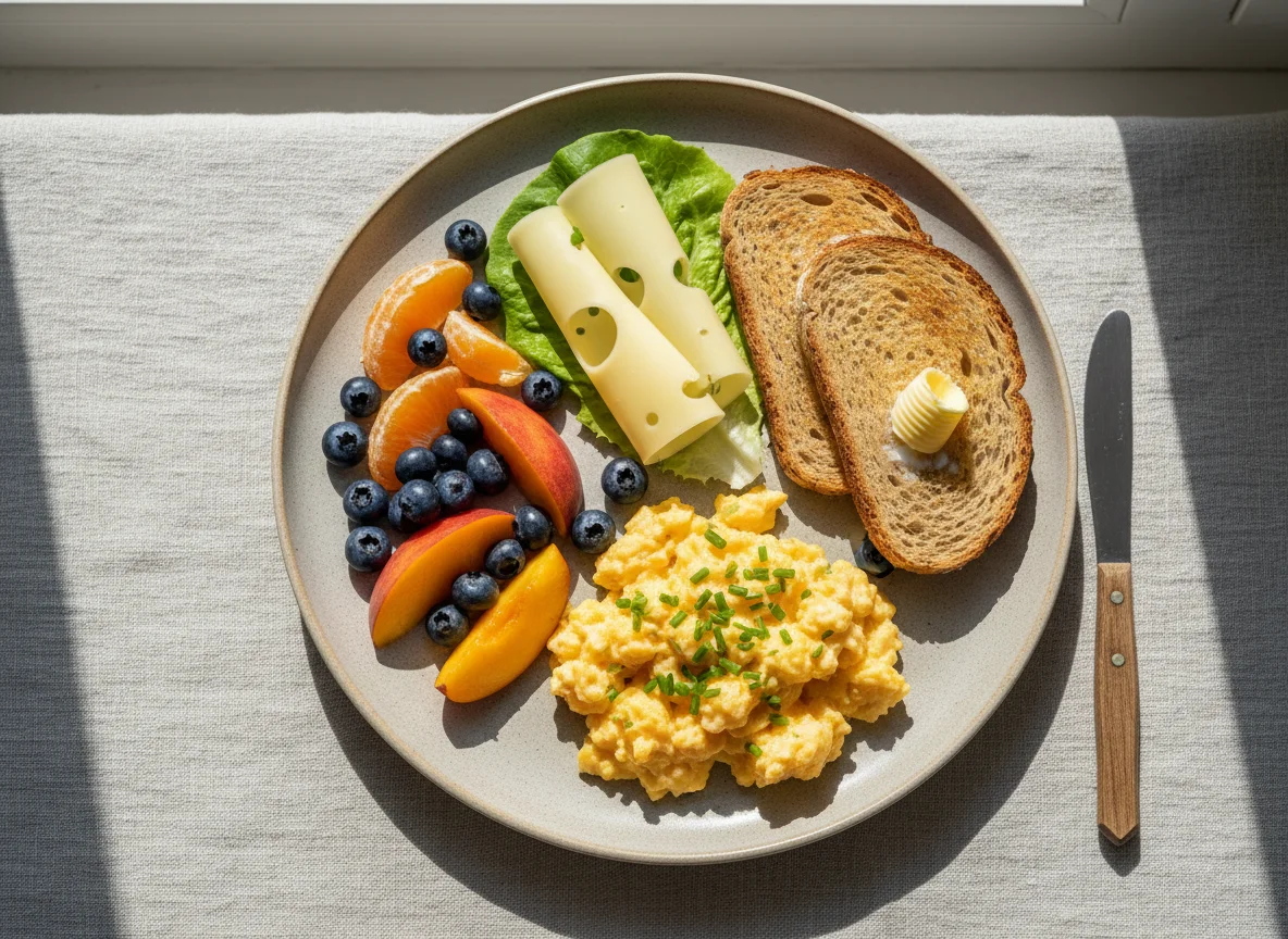 Frühstück mit Rührei, Brot und Obst photo