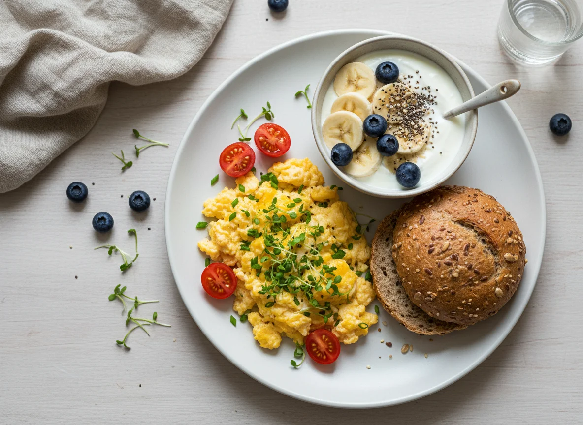 Frühstück mit Rührei, Brötchen und Müsli photo