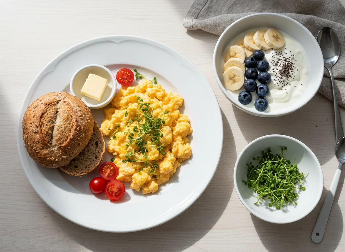 Frühstück mit Rührei, Brötchen und Skyr-Bowl photo
