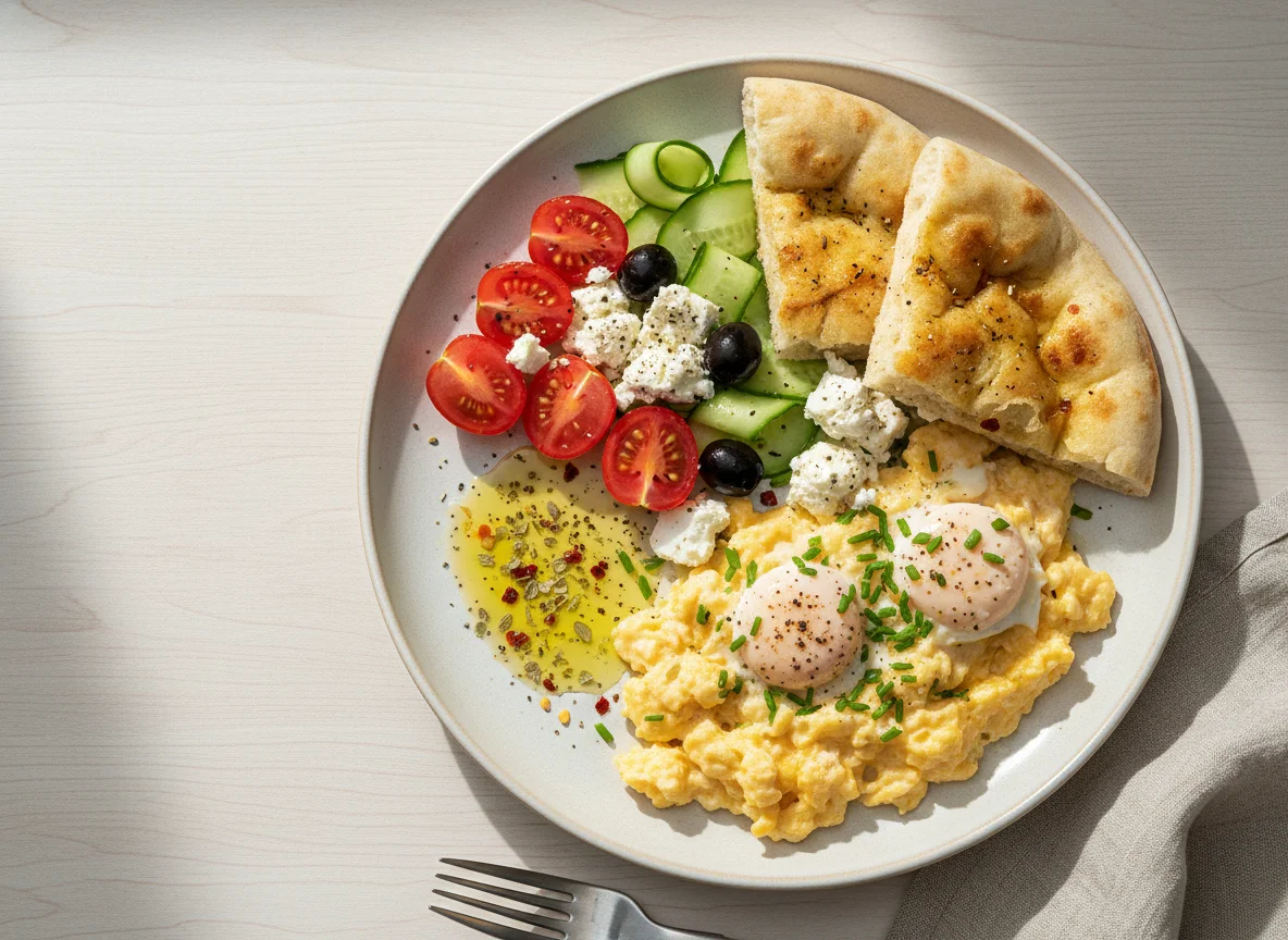 Frühstück mit Rührei, Gemüse und Fladenbrot photo