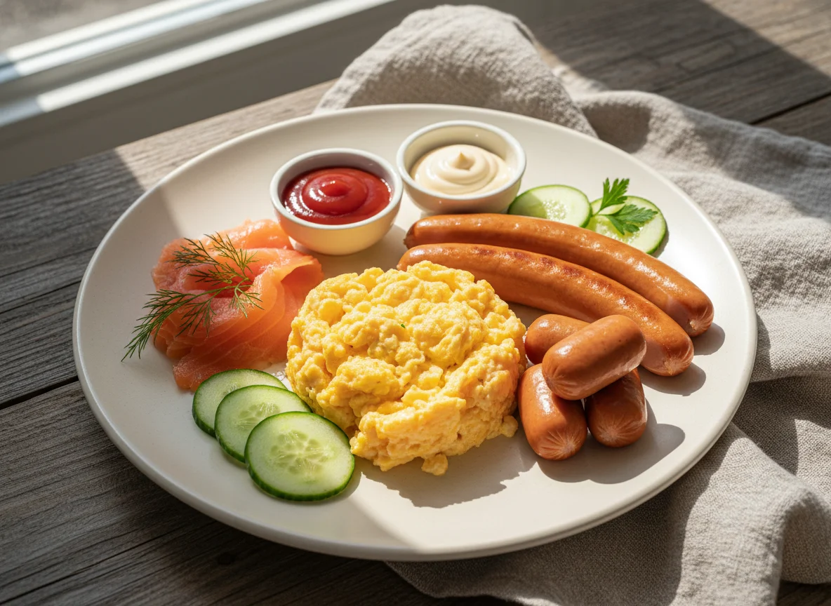 Frühstück mit Rührei, Lachs, Würstchen und Gurke photo