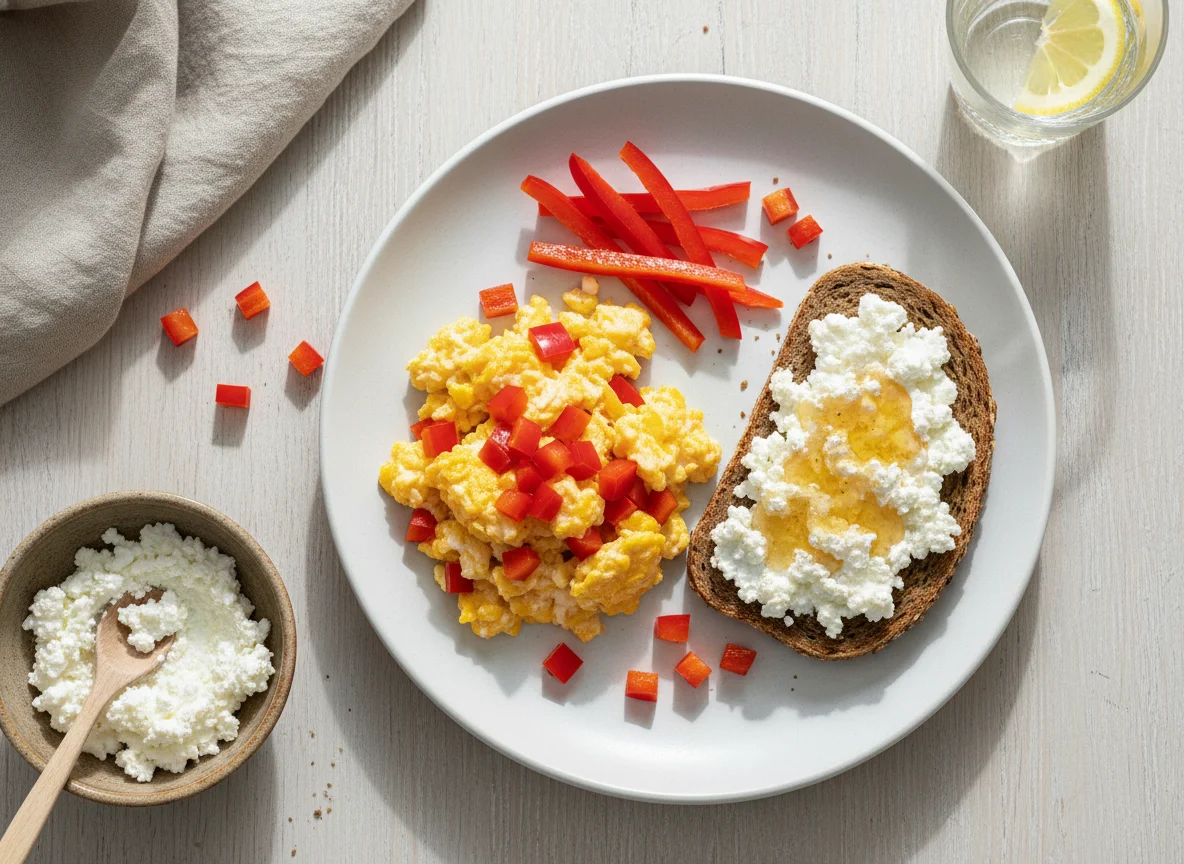 Frühstück mit Rührei, Paprika und Hüttenkäse-Brot photo