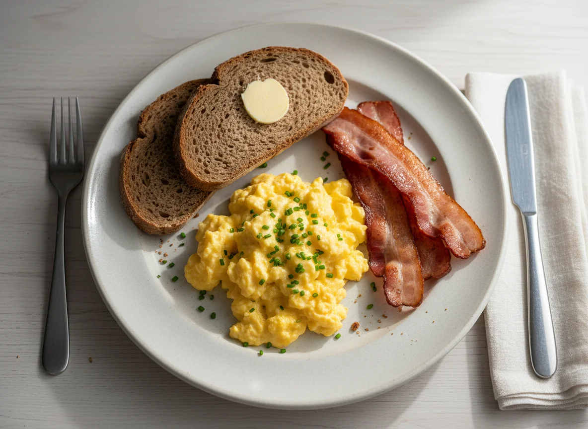 Frühstück mit Rührei, Speck und Brot photo