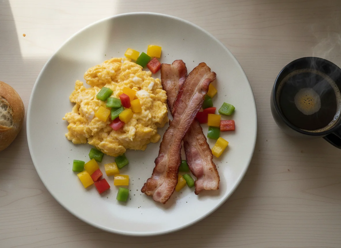 Frühstück mit Rührei, Speck und Paprika photo