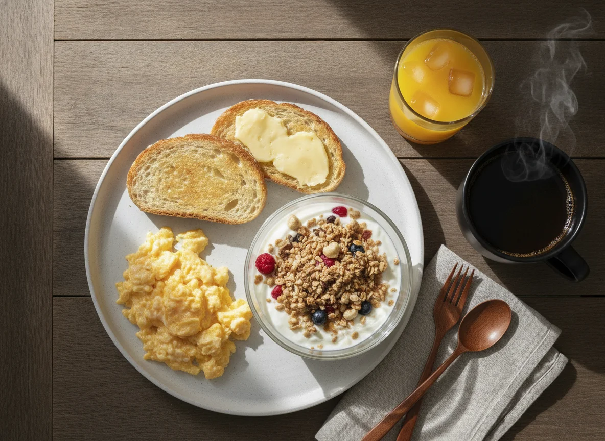 Frühstück mit Rührei, Toast, Müsli und Getränken photo