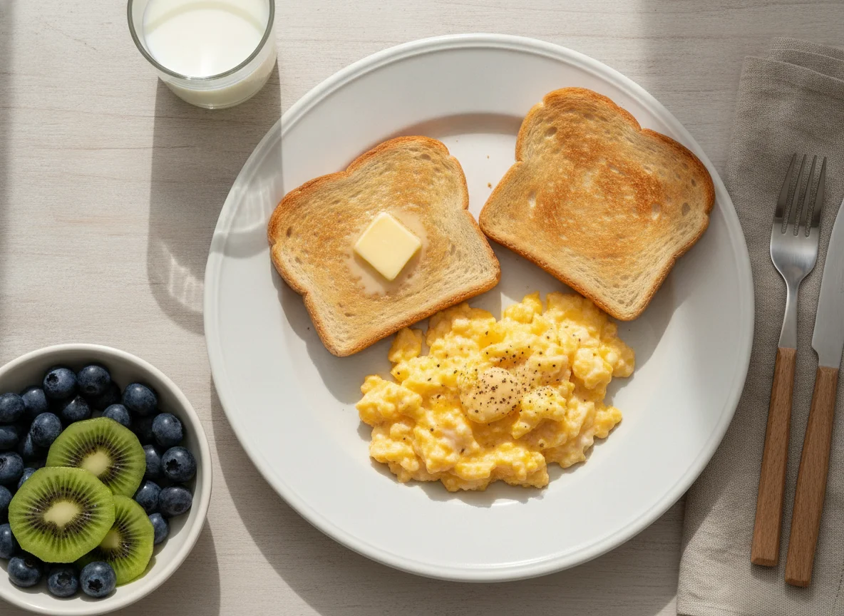 Frühstück mit Rührei, Toast und Früchten photo