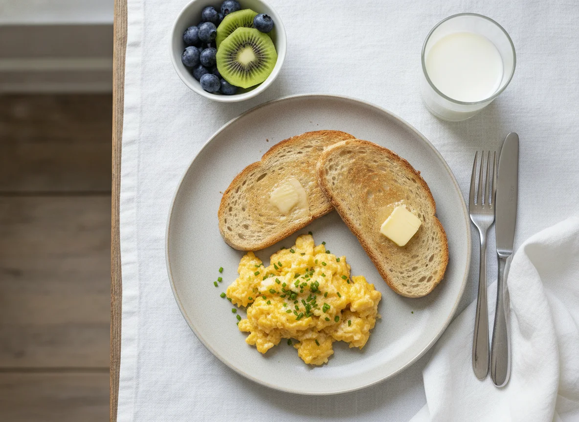 Frühstück mit Rührei, Toast und Obst photo