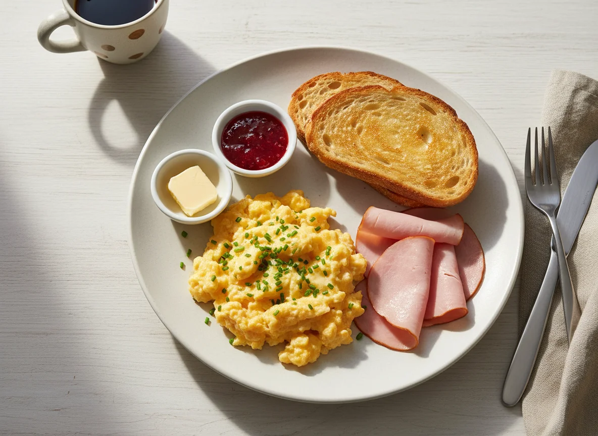 Frühstück mit Rührei, Toast und Schinken photo