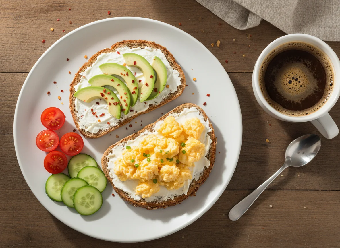 Frühstück mit Rührei und Avocado-Brot photo