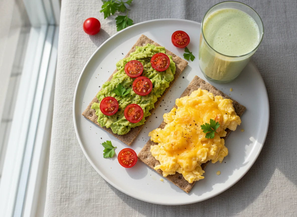 Frühstück mit Rührei und Avocado-Tomaten-Brot photo