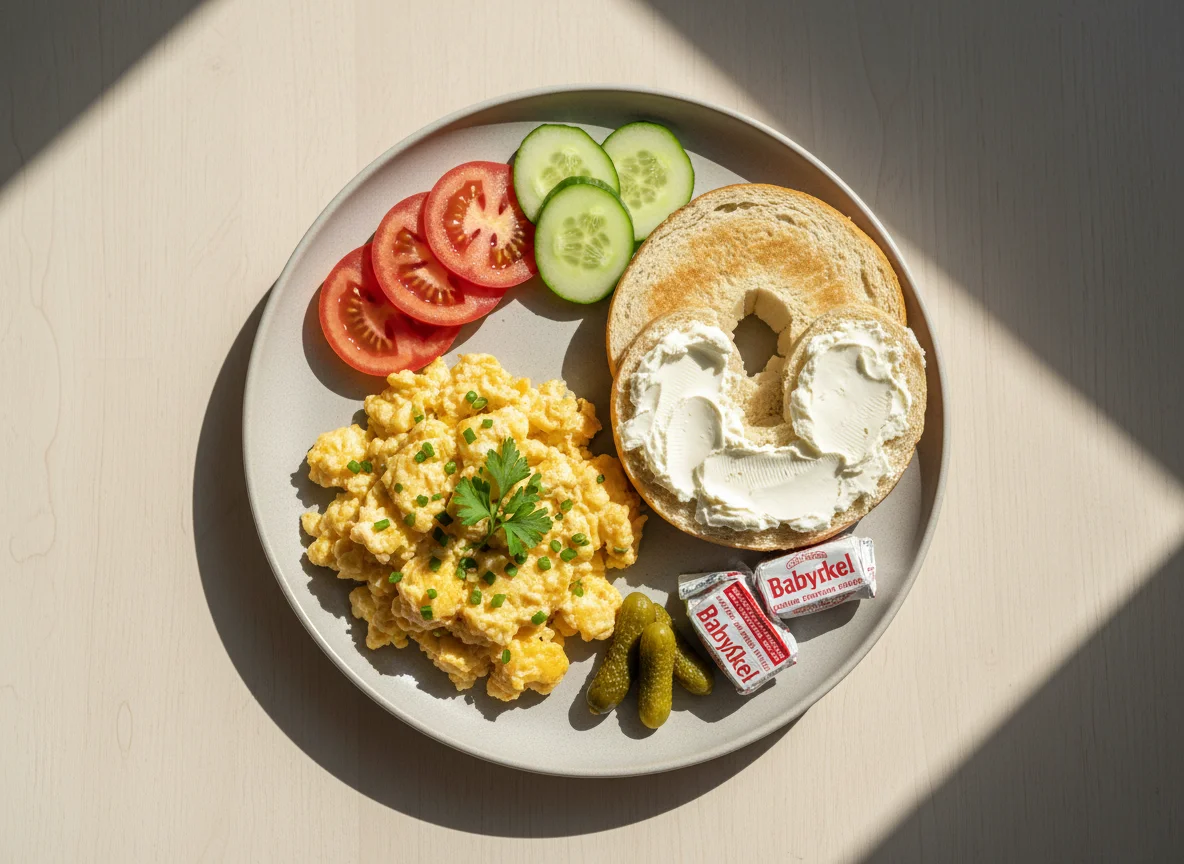 Frühstück mit Rührei und Bagel photo