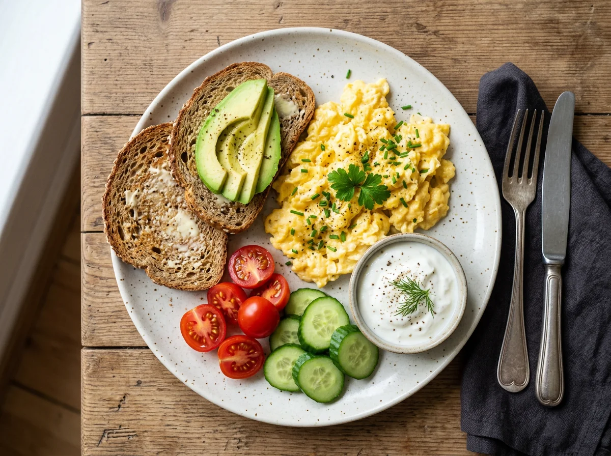 Frühstück mit Rührei und Beilagen photo