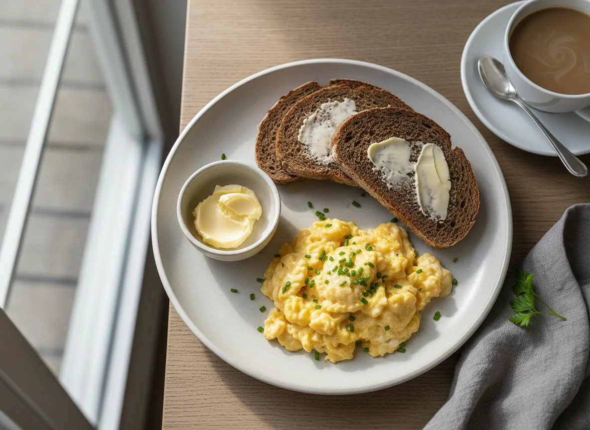 Frühstück mit Rührei und Brot photo