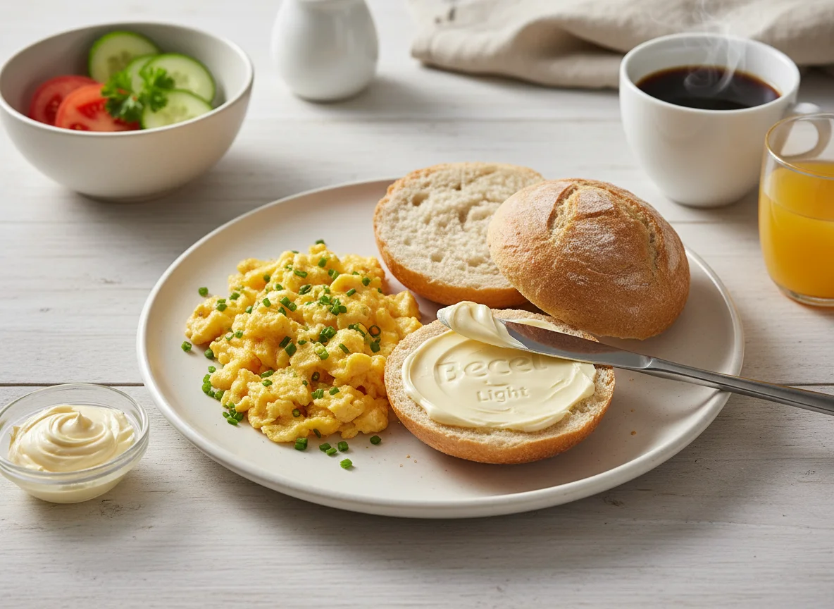 Frühstück mit Rührei und Brötchen photo