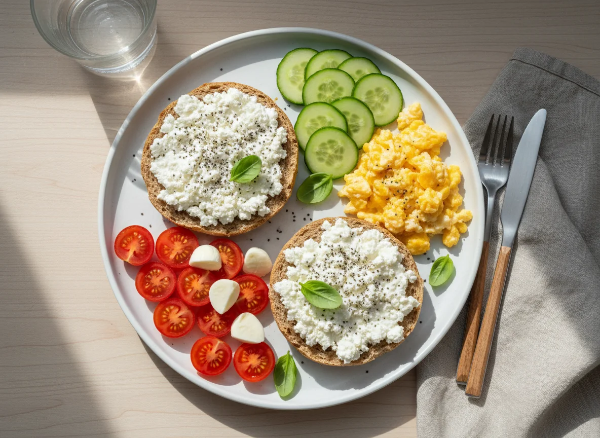 Frühstück mit Rührei und Hüttenkäse-Brot photo